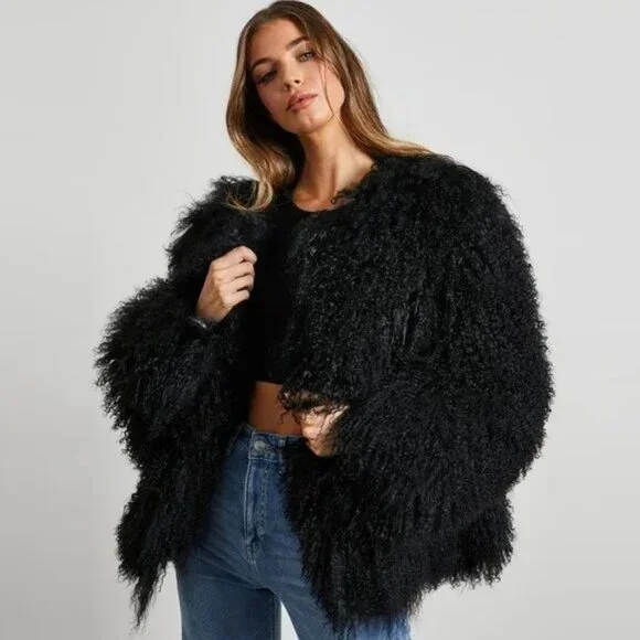 πUBER GORGE!πVTG 70s Vibe Boho Chic Black Faux Mongolian Lamb Fur Jacket - Picture 4 of 16